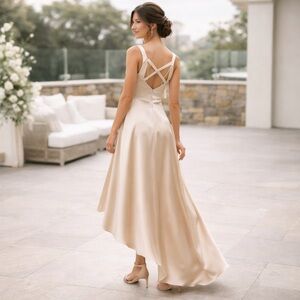 AW Bridal Champagne Satin Hi-Lo Dress Crisscross Back Formal Wedding Size 0